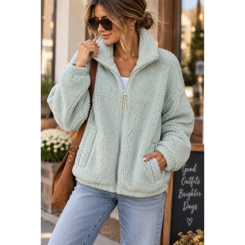 American Eagle Mint Sherpa Fleece Full Zip Jacket Huggable Funnel Neck L XL
